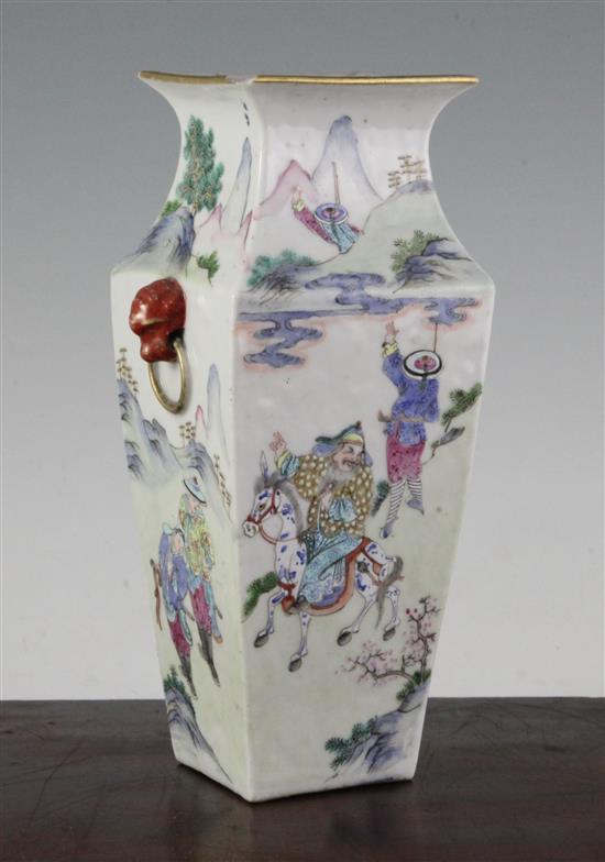 A Chinese famille rose square baluster vase, late 19th century, 23.7cm, chip to rim